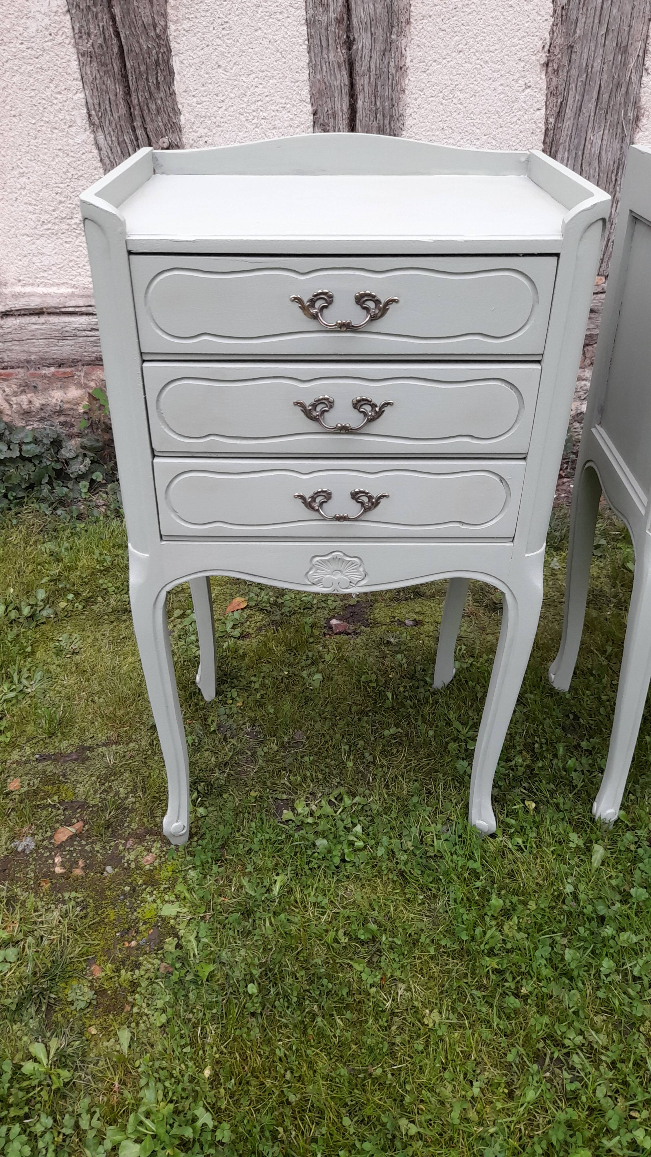 Pair of Louis XV style bedside tables with 3 drawers, Luxembourg green