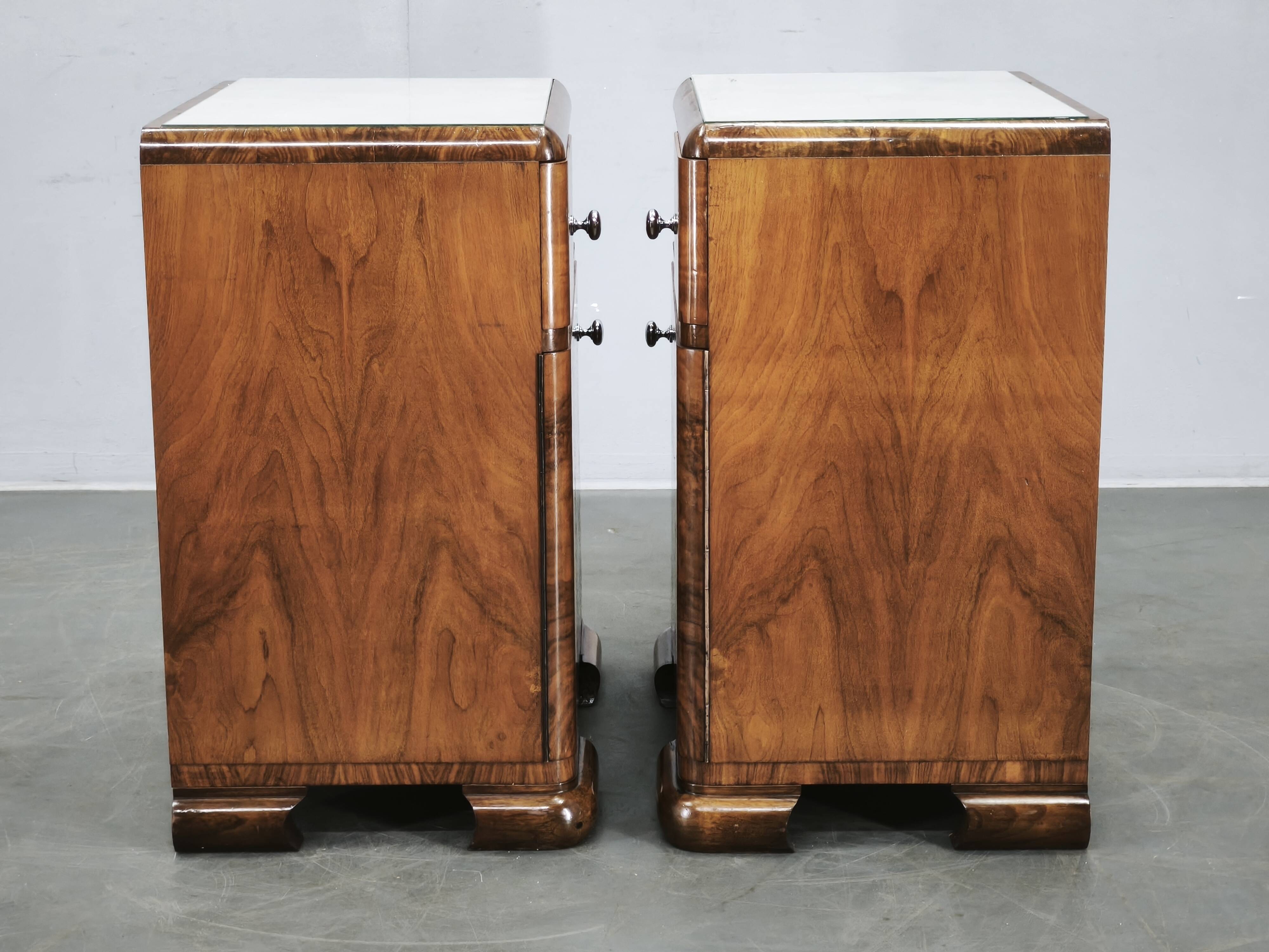 Pair of Art Deco Walnut Nightstands, Czechoslovakia, 1930s
