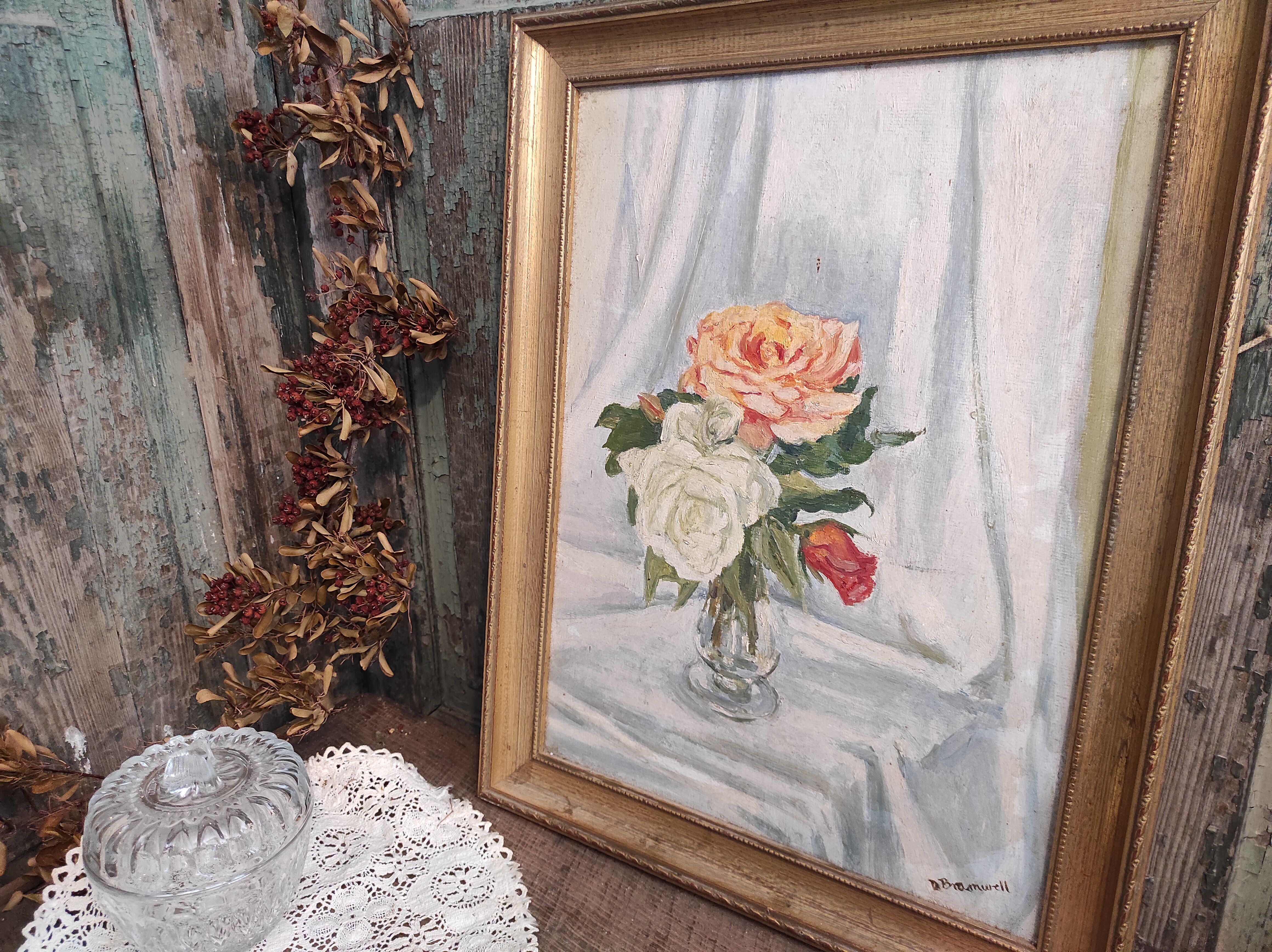 Vintage oil painting of flowers signed Bramwell