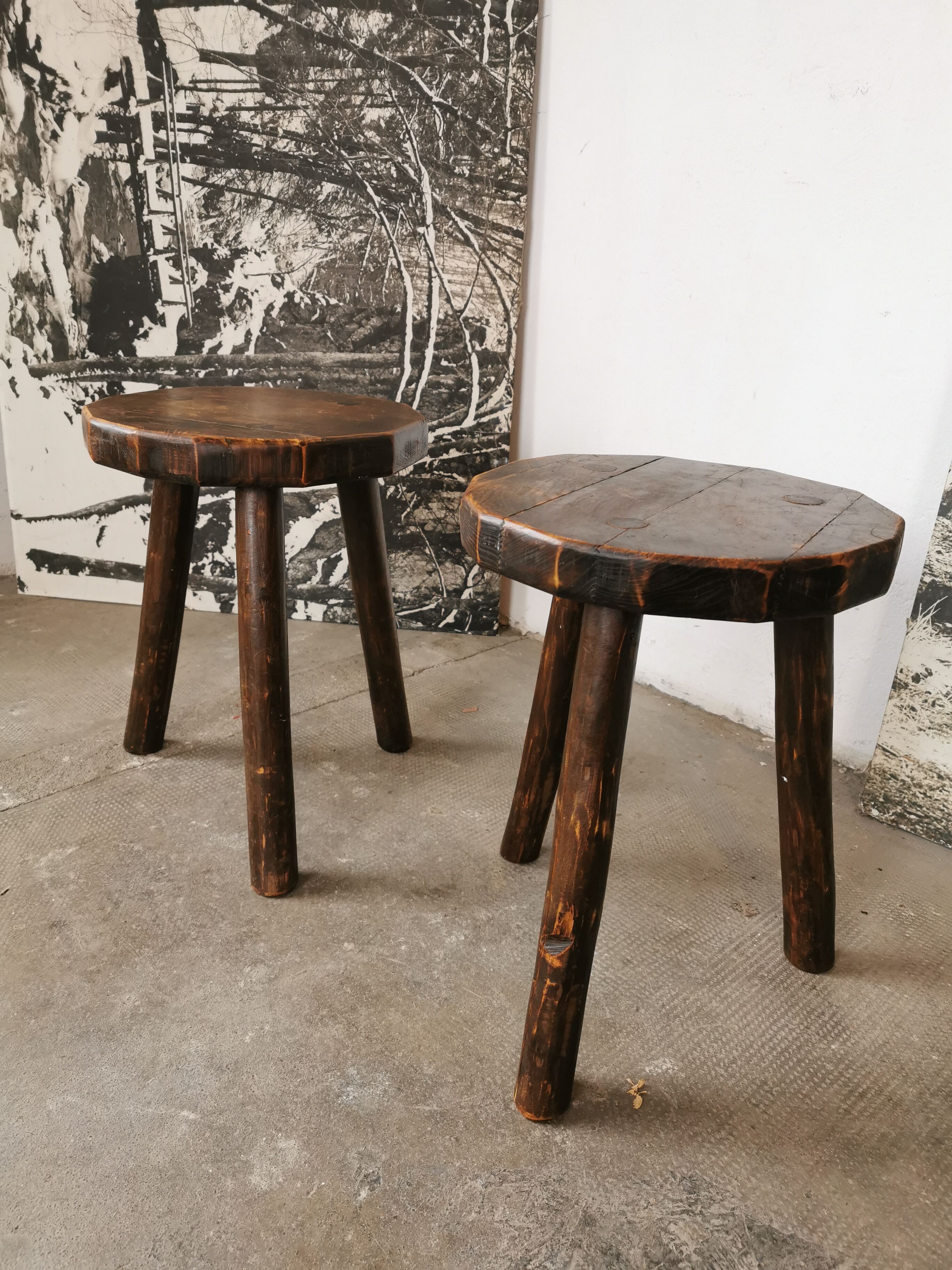 Pair of brutalist wooden stools