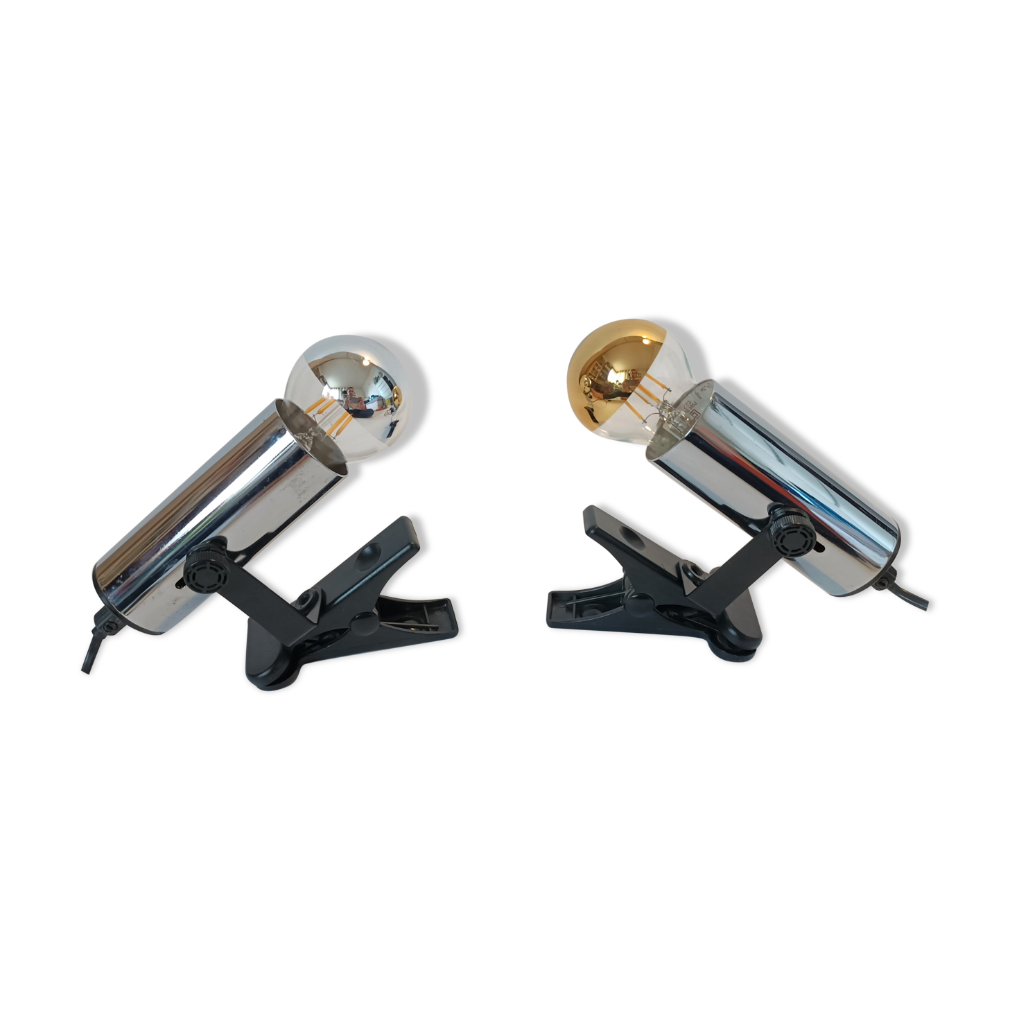 Pair of Targetti clamp spotlights in chrome metal 1970
