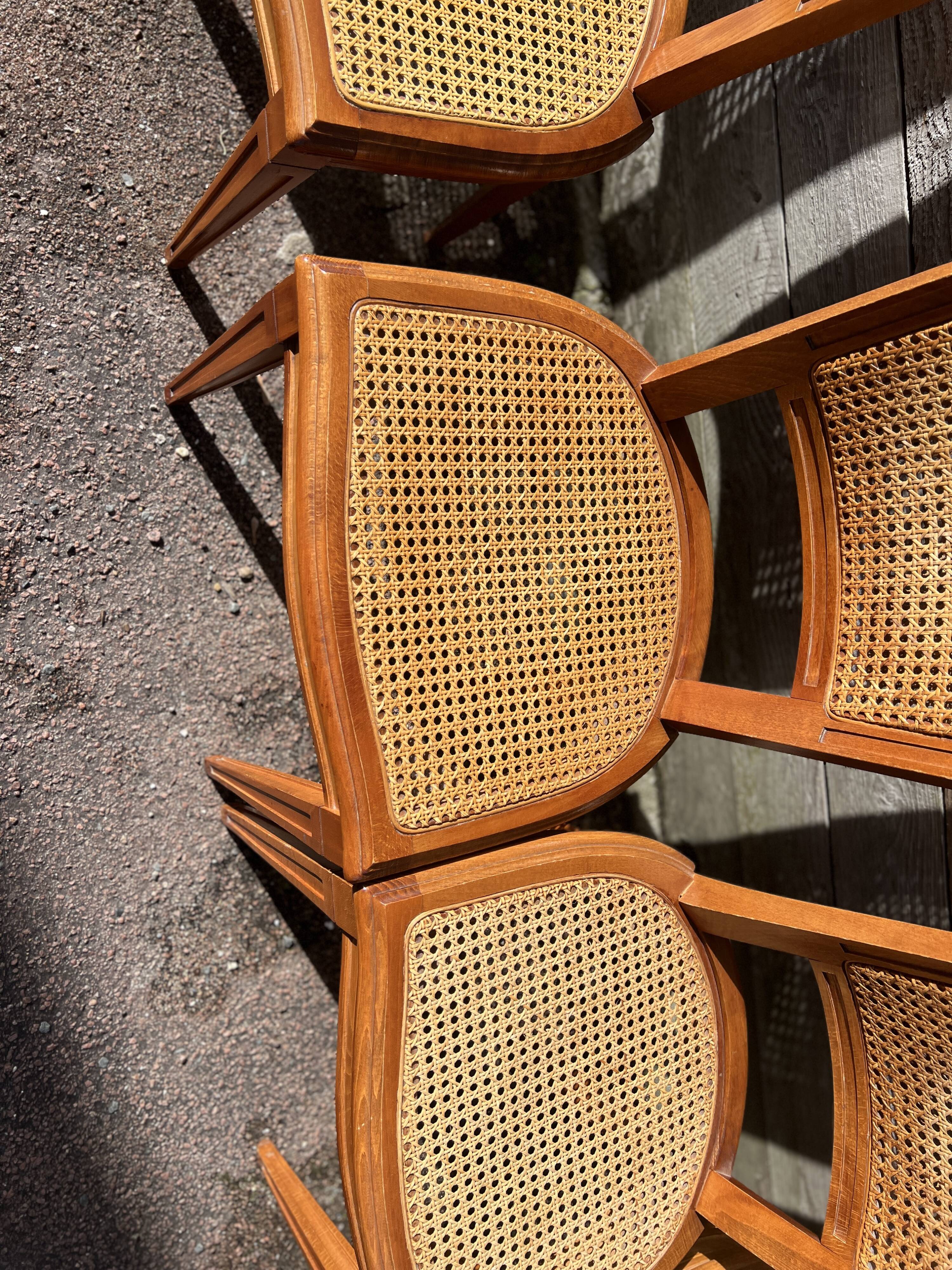 Six Art Deco chairs, 1960s, beech and cane