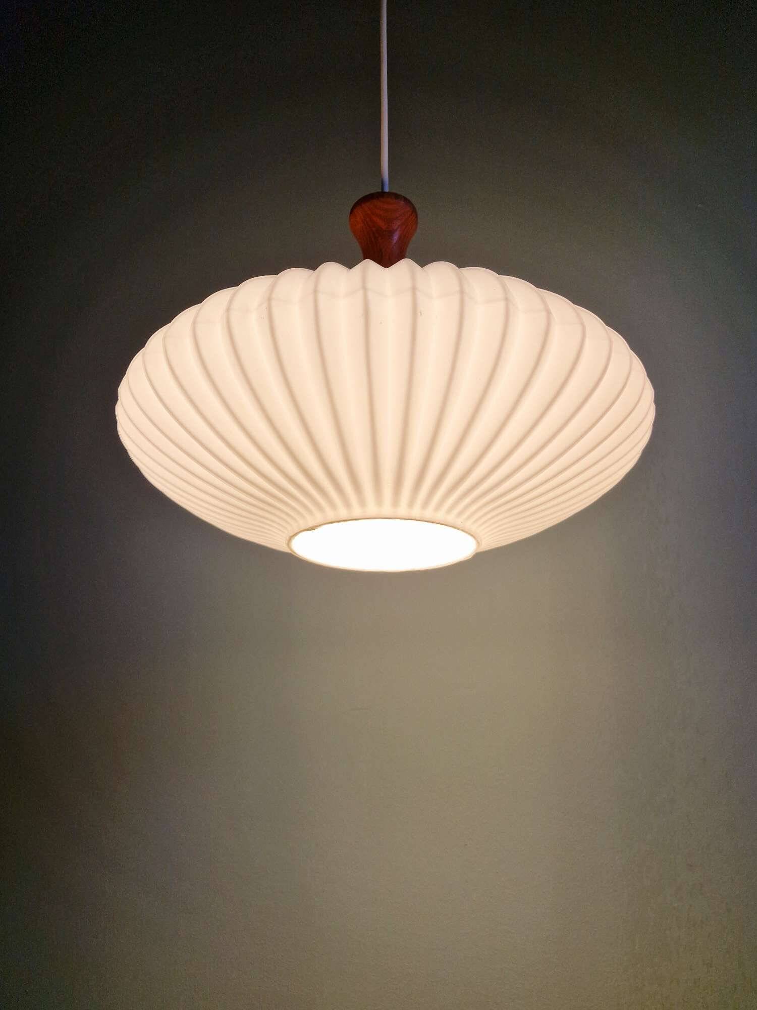 Teak and pleated white opaline suspension, Massive, 1960