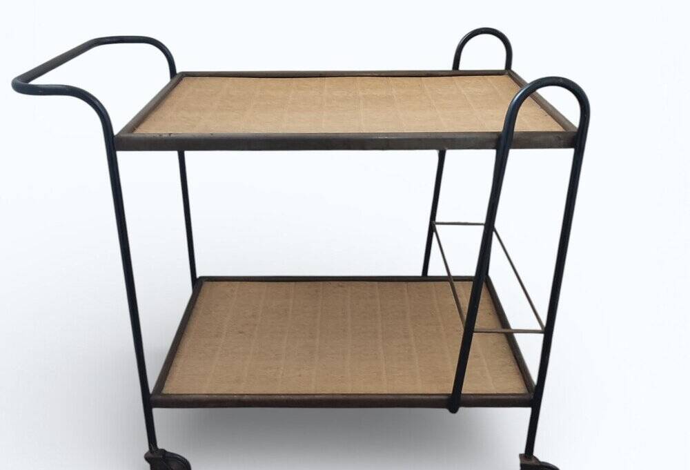 Vintage steel and rattan dessert trolley on wheels