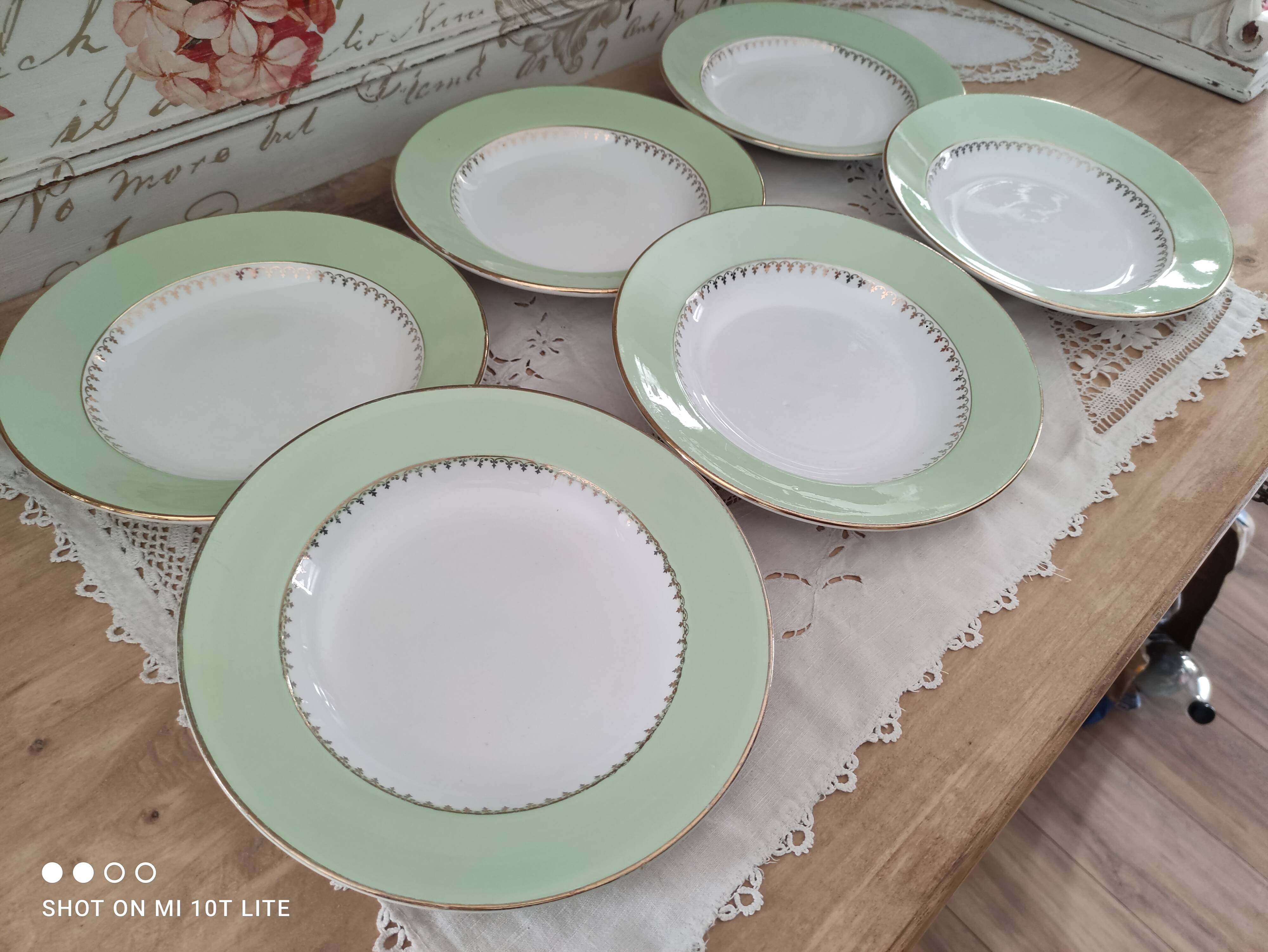 Lot de 6 assiettes creuses L'Amandinoise marli vert d'eau et frise dorée