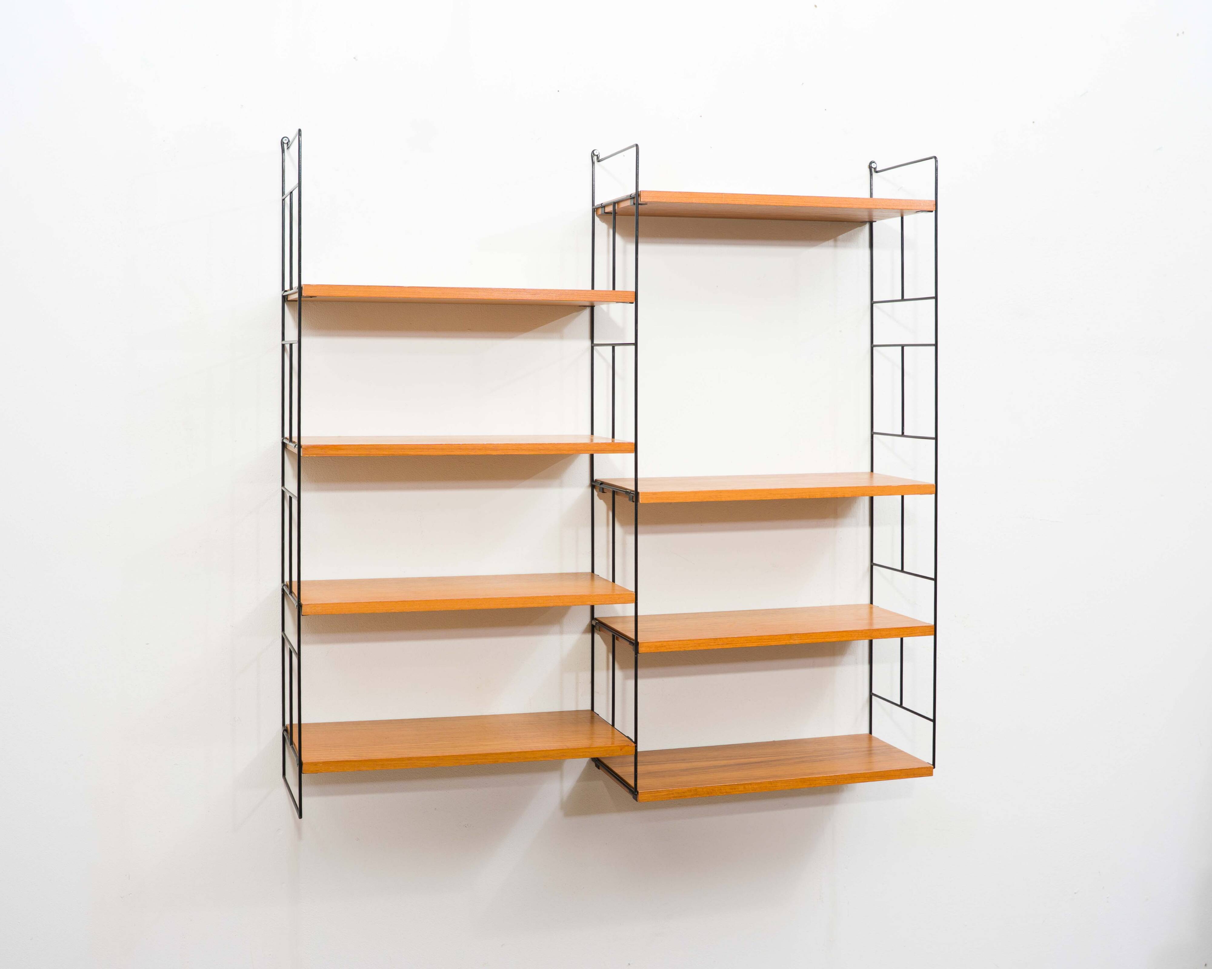 1960s teak wall shelf, manufacturer WHB, eight shelves