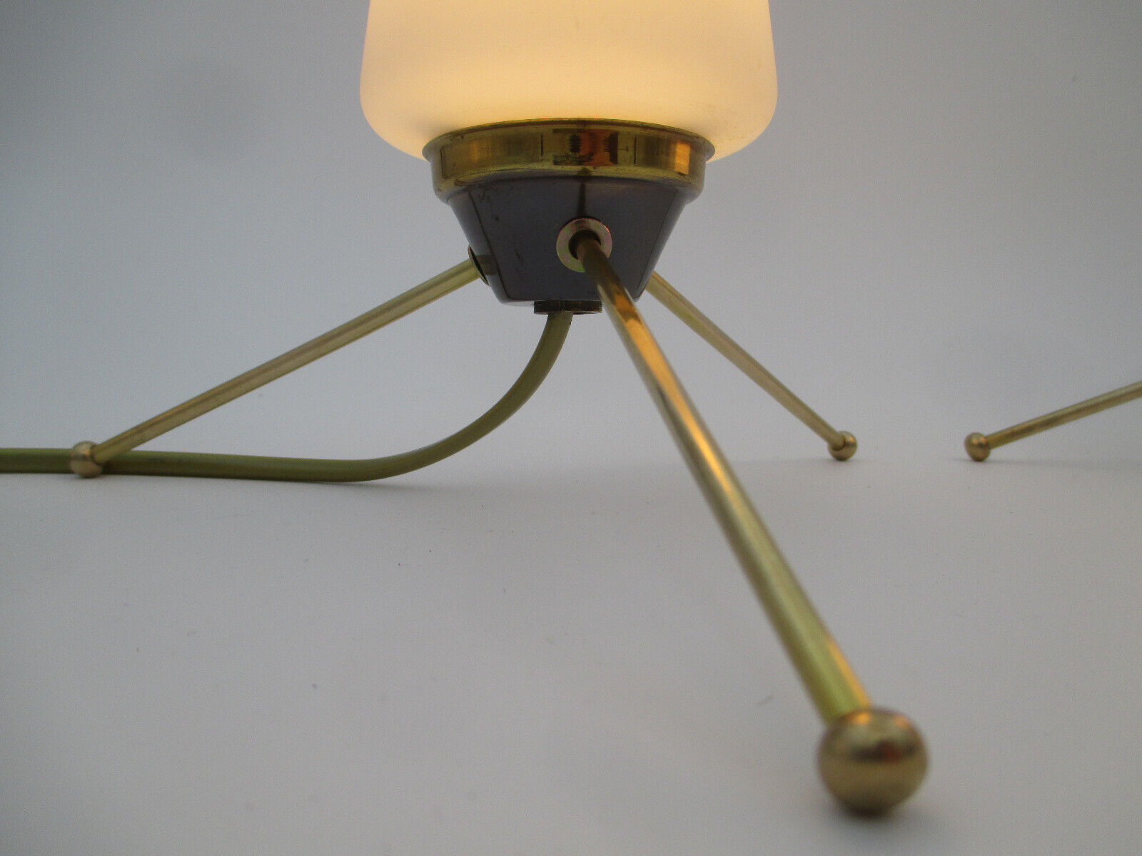 Pair of vintage brass tripod lamps and opaline tulips