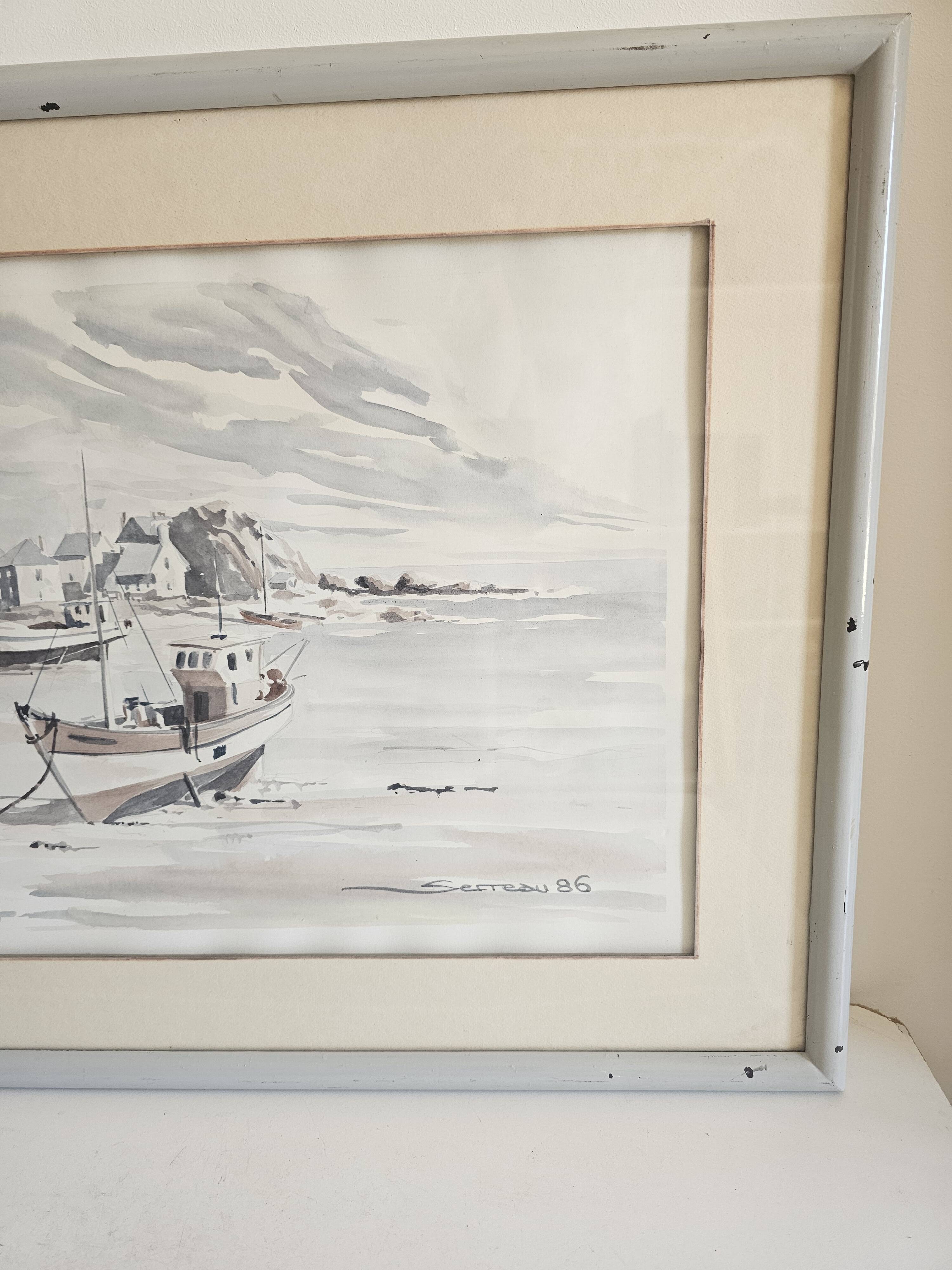 Tableau - Watercolour Landscape Brittany - Marine Boat - Signed Jen Pierre SER