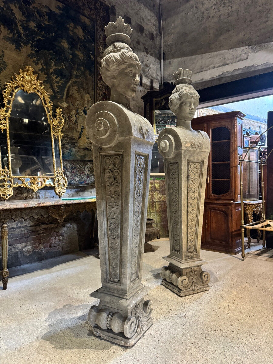 Pair of monumental patinated plaster terms from the early 20th century.