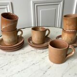 Set of 6 handcrafted stoneware cups and sub-cups 70s