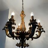 70s Hollywood Regency style chandelier in carved wood