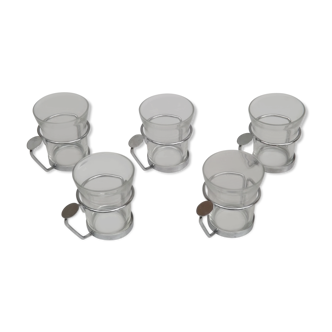 Lot of 5 glass cups and chrome metal support Duralex, France, 70