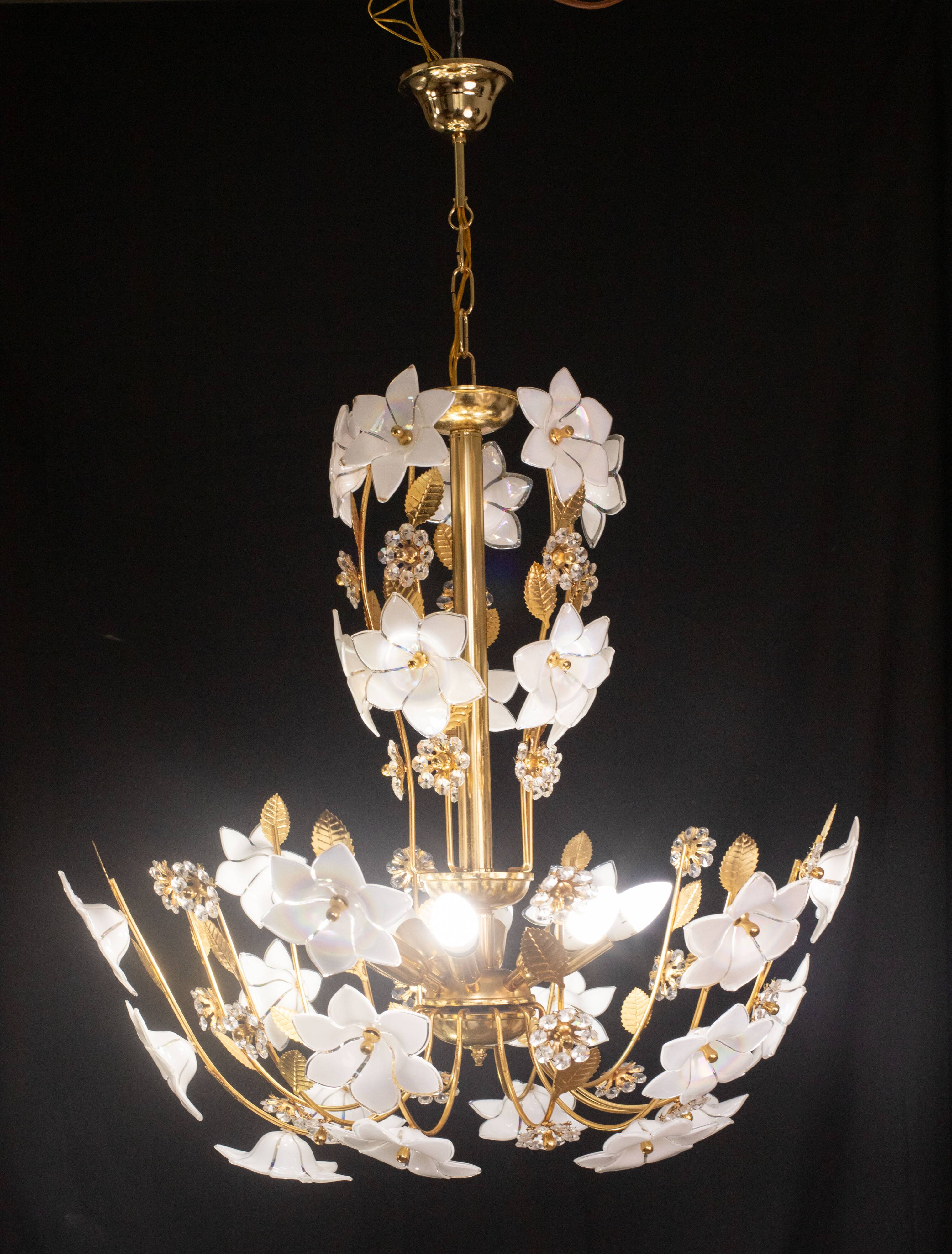 Large Size Vintage Murano Glass Chandelier White Flowers, 1970