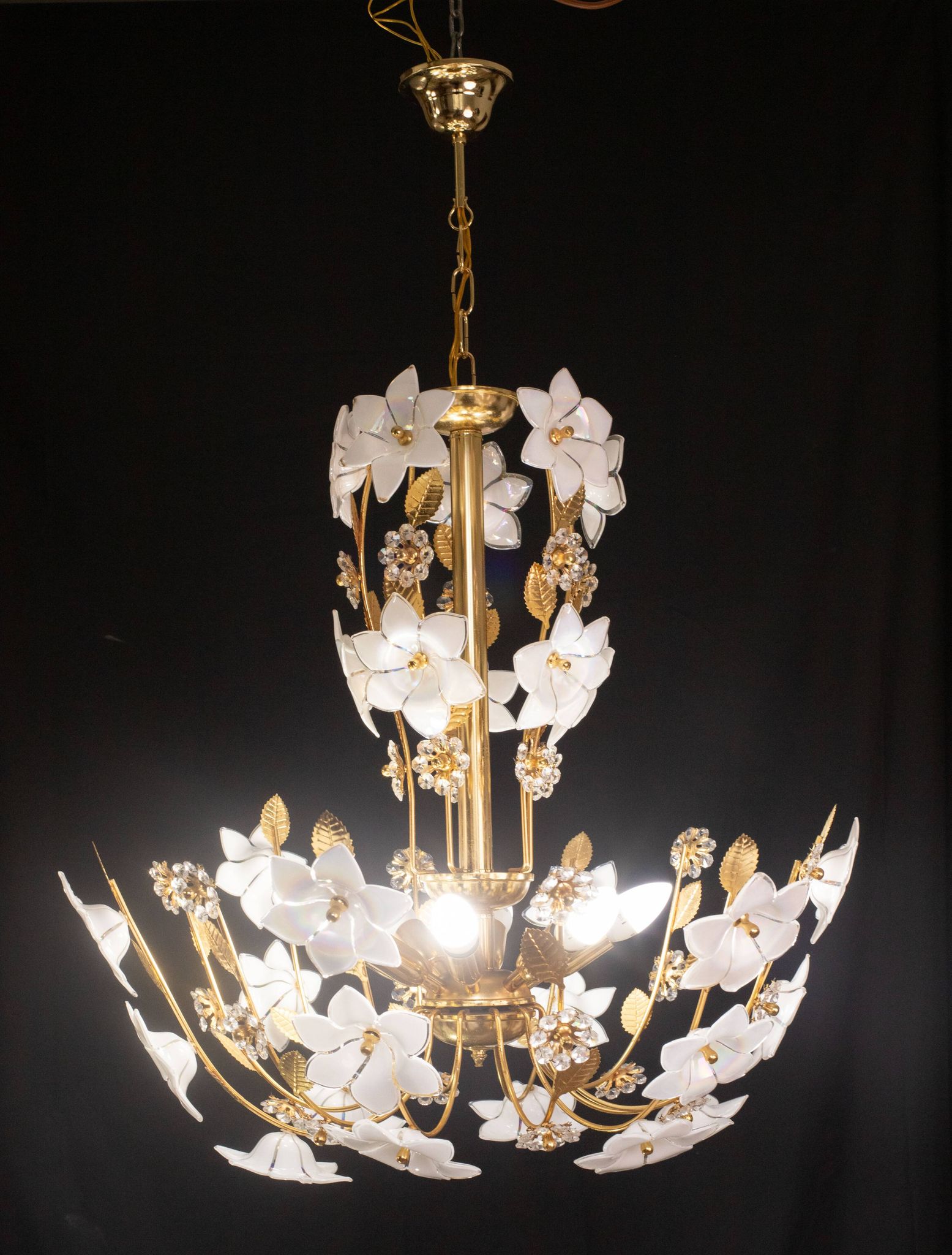 Large Size Vintage Murano Glass Chandelier White Flowers, 1970