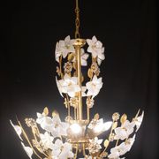 Large Size Vintage Murano Glass Chandelier White Flowers, 1970
