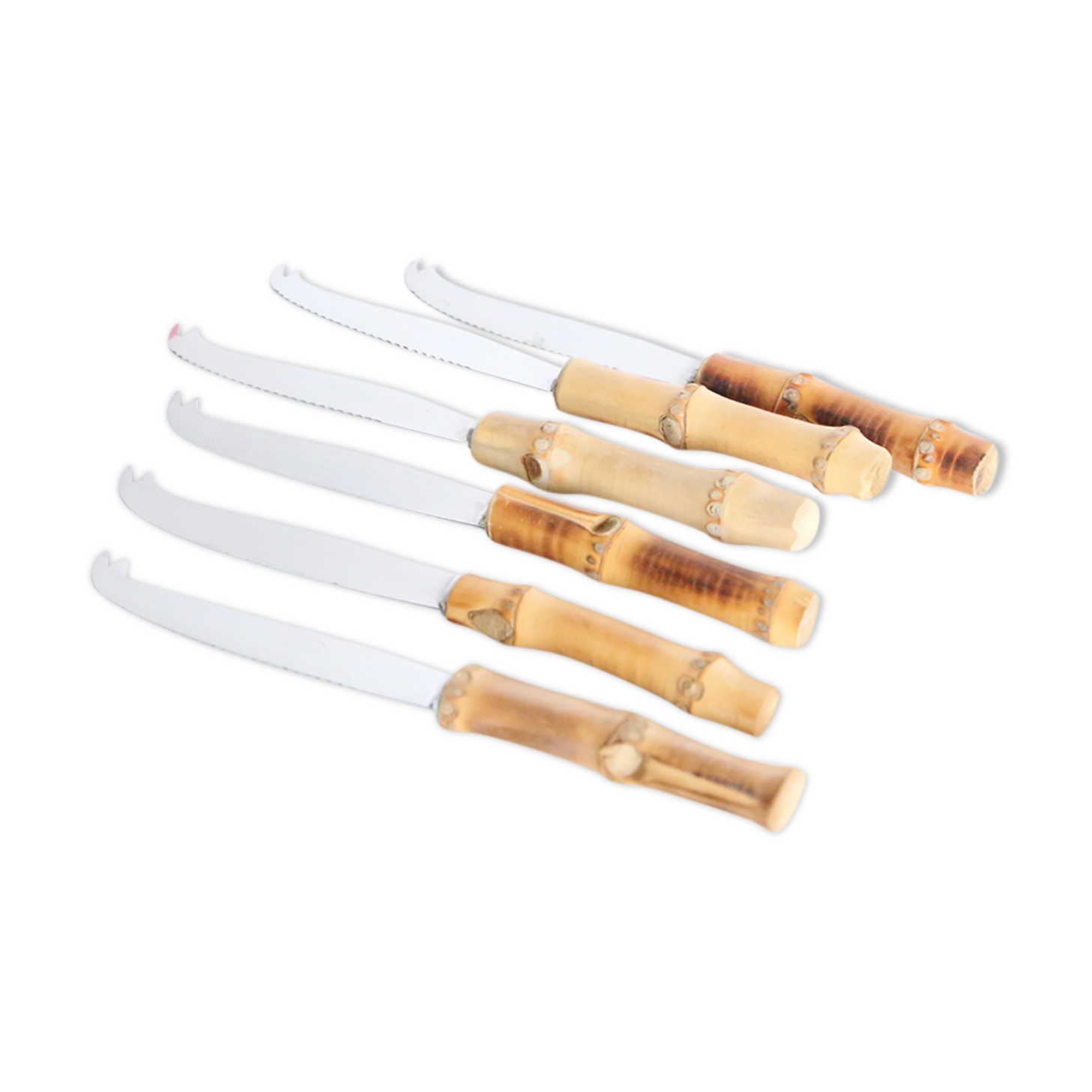 Service of 6 cheese knives, stainless blade and real rattan handle, vintage