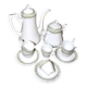 Vintage Limoges coffee service with pink and green floral decoration, coffee pot, sugar bowl, and 6 cups.