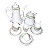 Vintage Limoges coffee service with pink and green floral decoration, coffee pot, sugar bowl, and 6 cups.