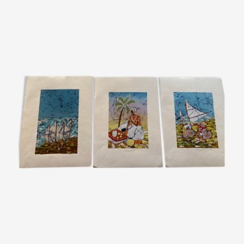 Set of 3 paintings on fabric, origin Brazil