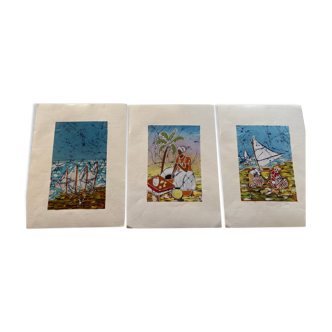 Set of 3 paintings on fabric, origin Brazil