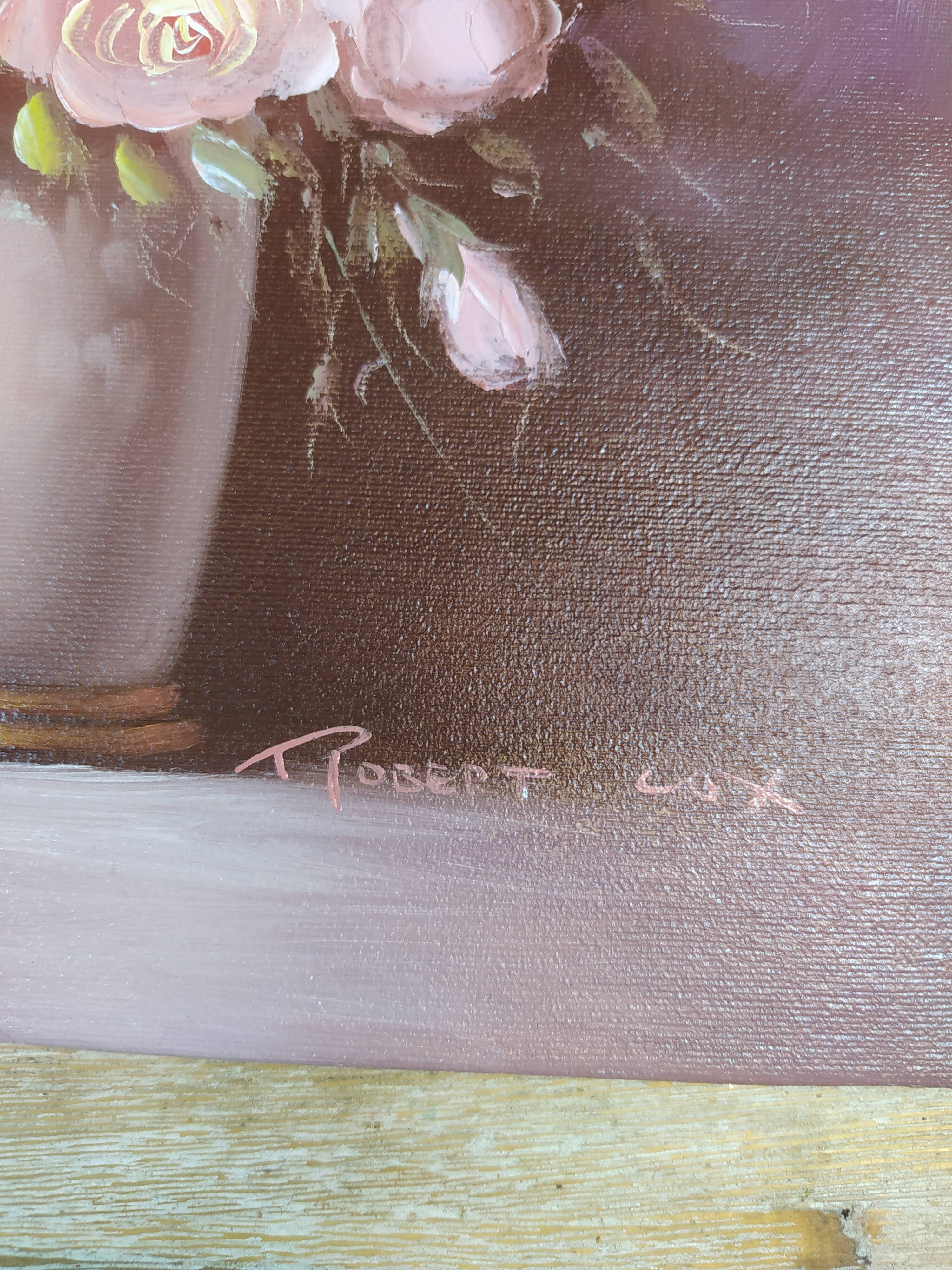 Still life painting bouquet of pink flowers signed Robert Cox