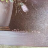 Still life painting bouquet of pink flowers signed Robert Cox