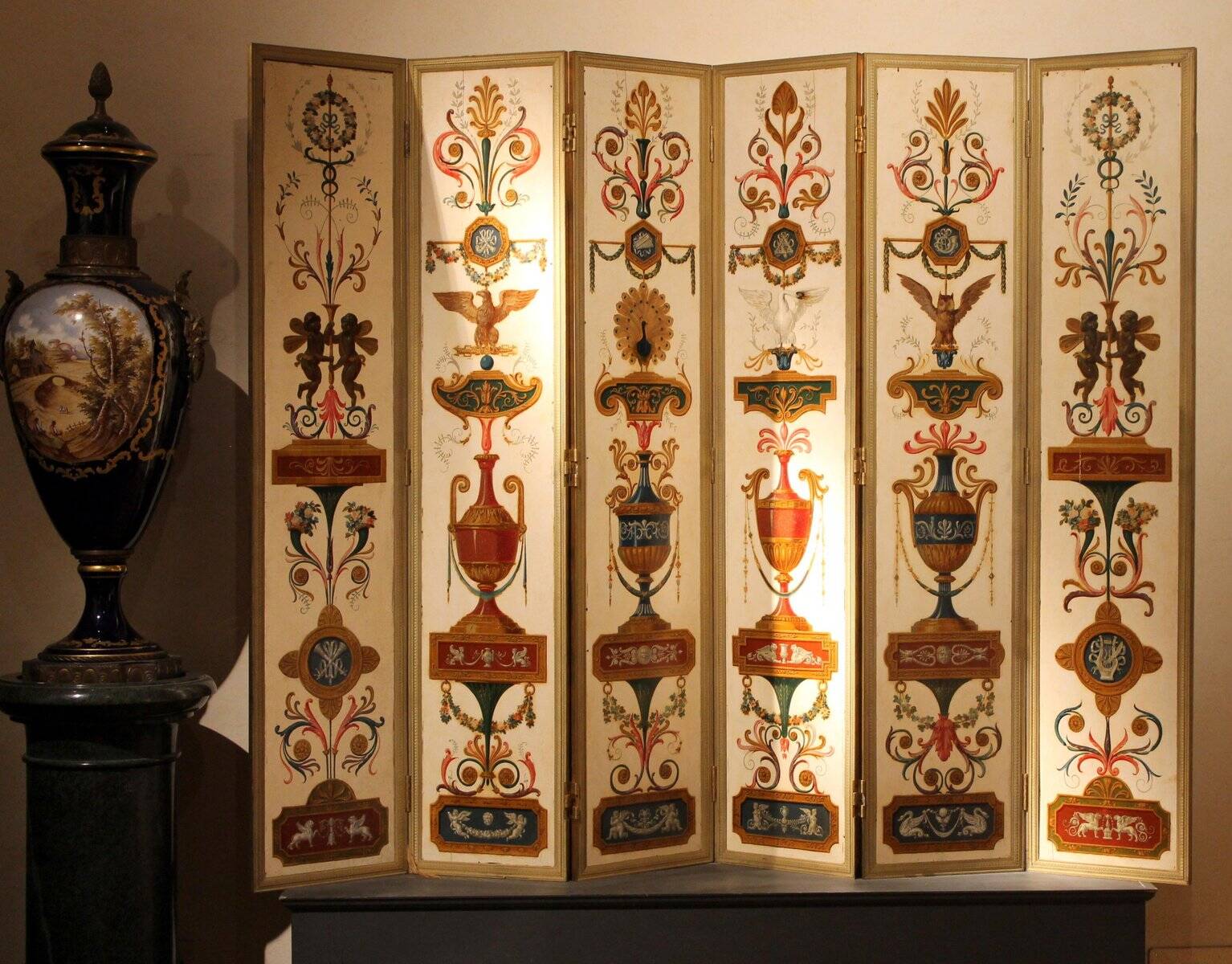 19th Century Italian Six-Panel Painted Wood Folding Screen in Gilt Bronze Frame
