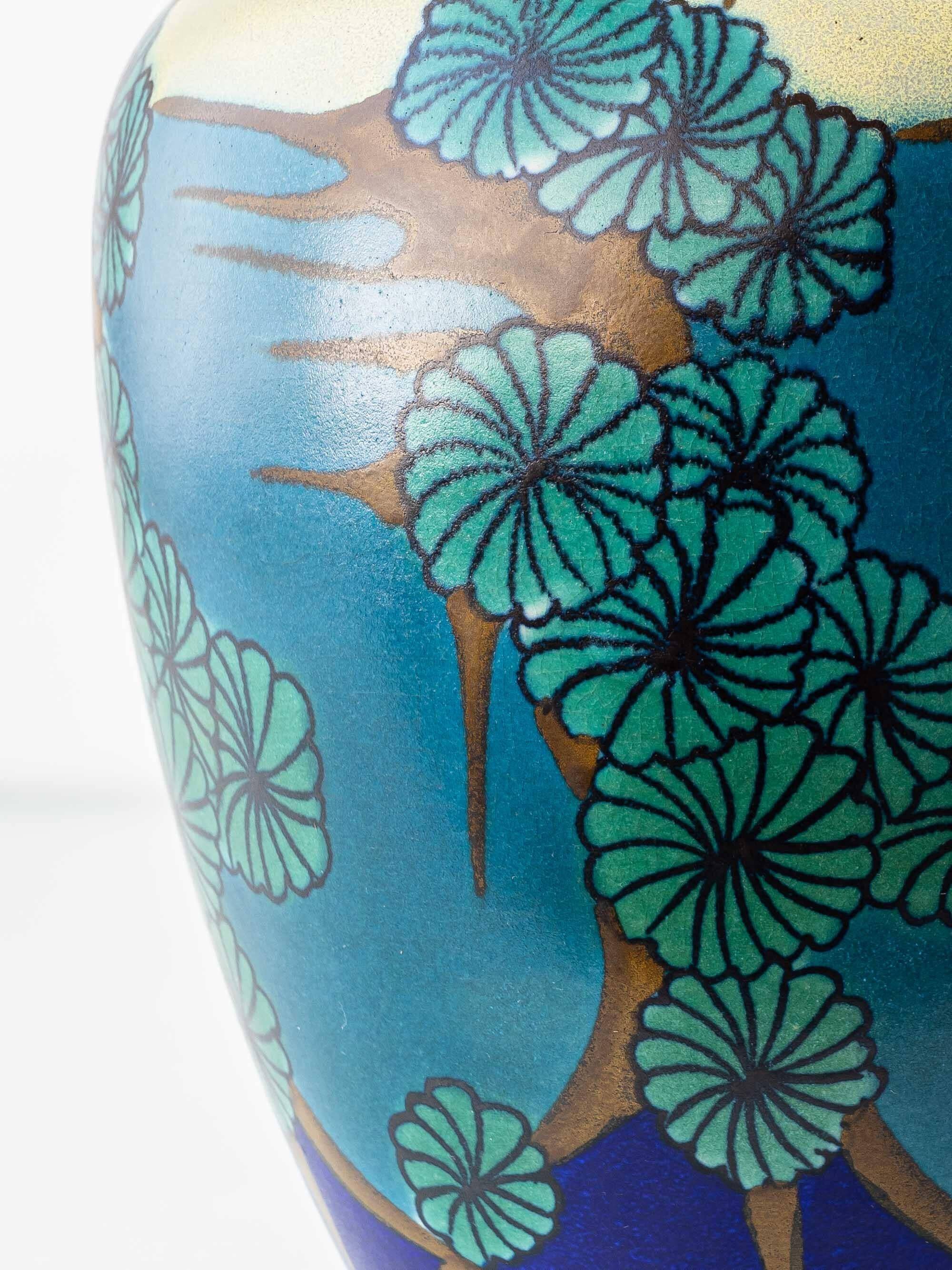 Art Deco Japonisme ceramic table lamp, 1928, new silk sari ribbon lampshade.