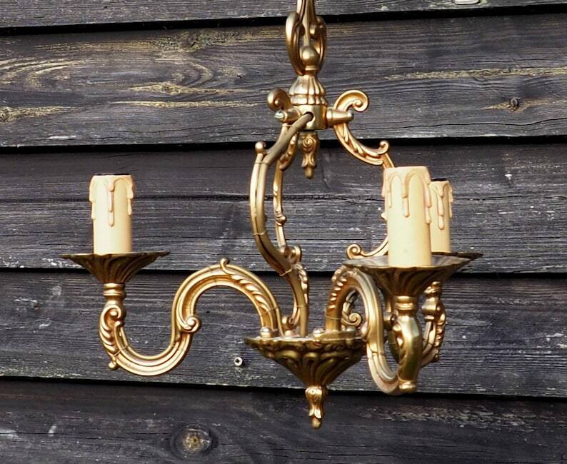 Vintage French Cage Chandelier: Bronze & Brass 3-Branch Ceiling Light