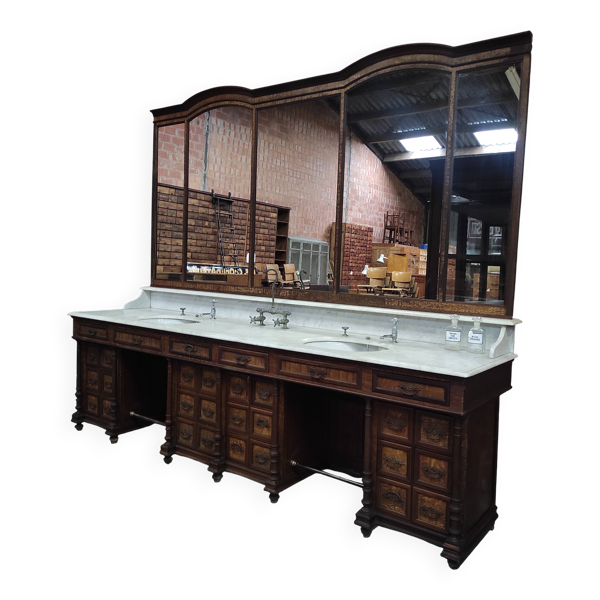 Meuble de barbier en bois, marbre et miroir, années 1930