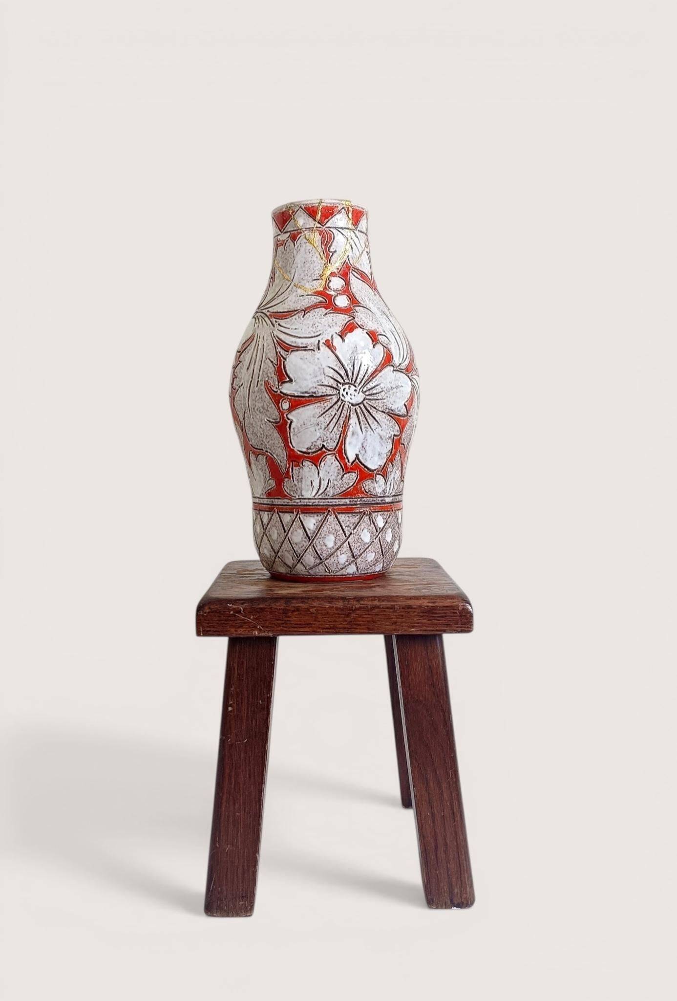 Large Fratelli Fanciullacci Sgraffito Ceramic Vase, Restored Kintsugi-Style