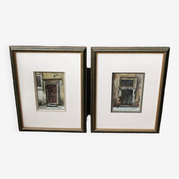 Pair of watercolors, doors, architectural details