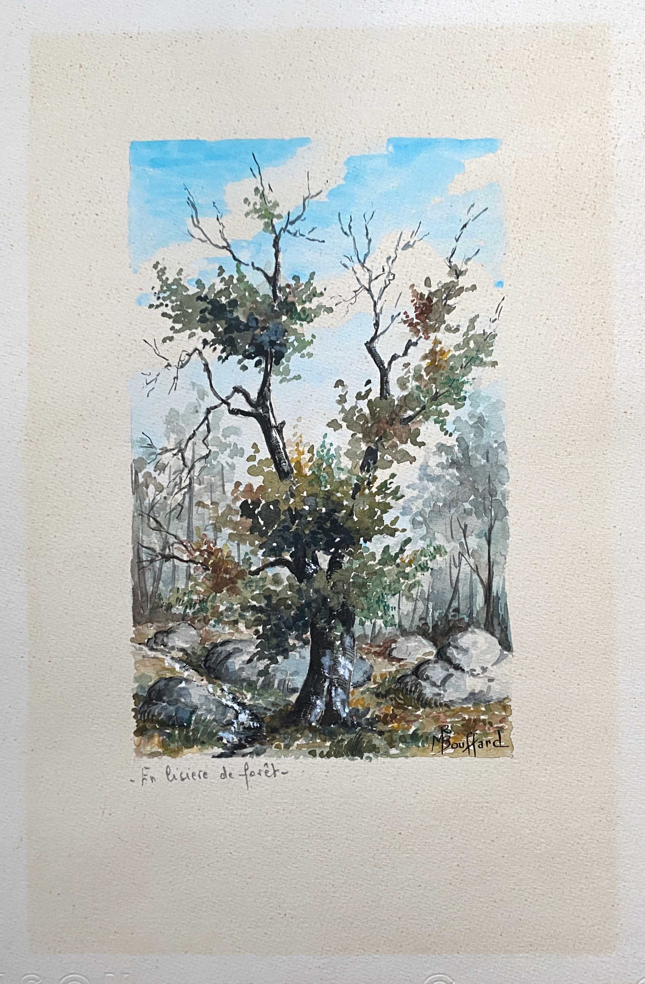 Watercolor painting "On the edge of the forest" signed MR Bouffard - mid 20th century