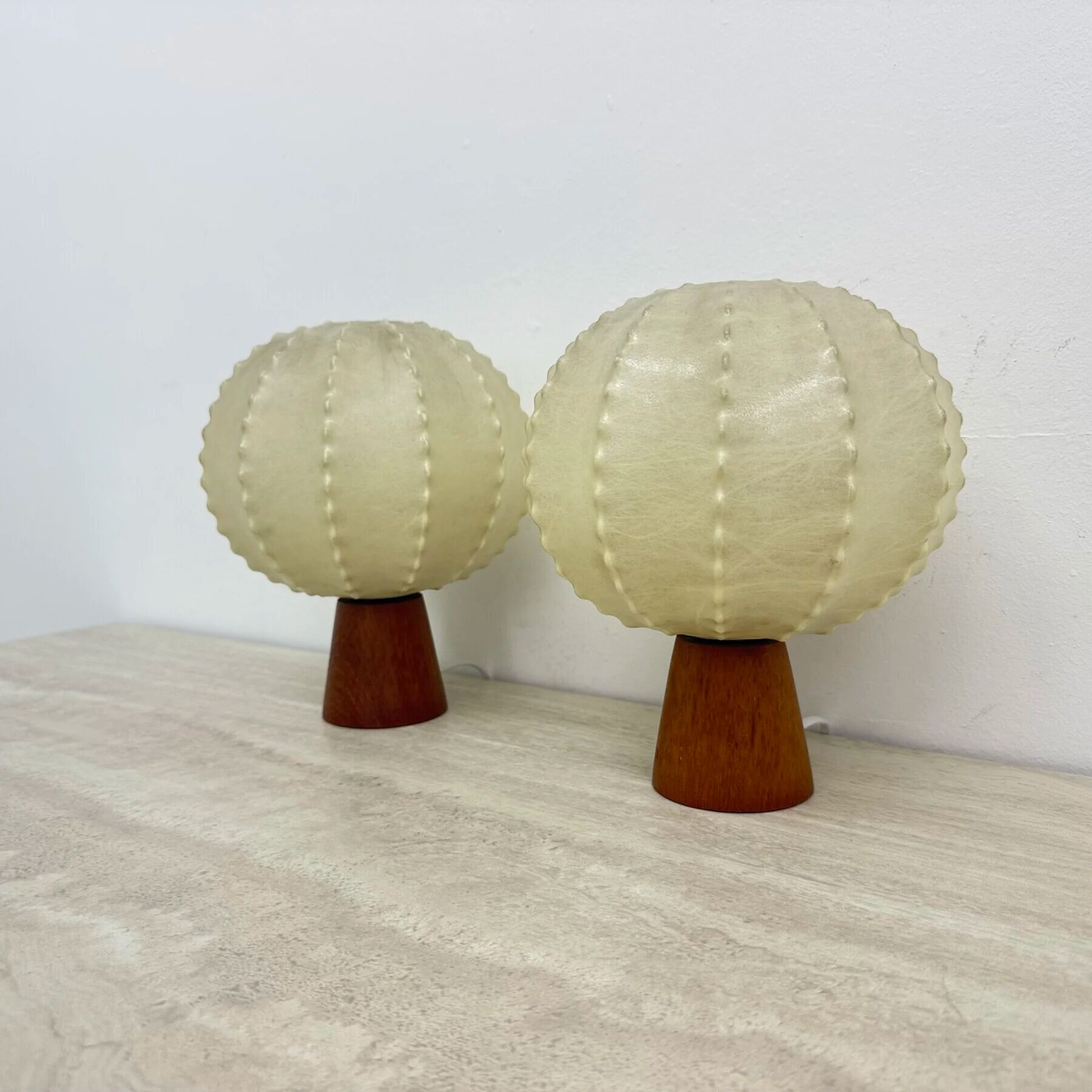 Pair of Goldkant Leuchten cocoon with teak base table lamps, 1970s