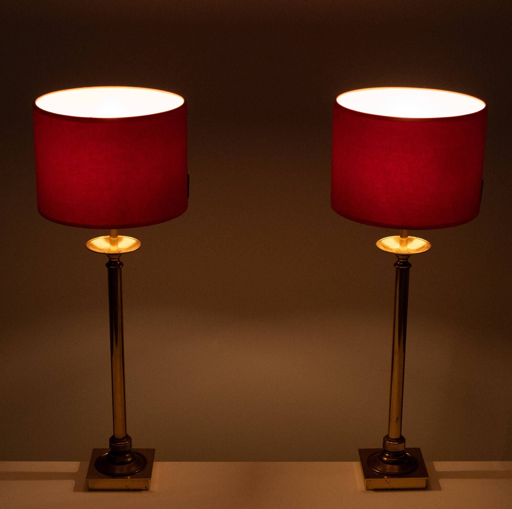 set solid Brass Table lamps Red Velvet shades 1960s France