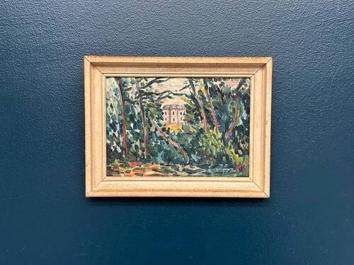Original Swedish Oil on Panel "Houses in the Trees" Signed & Framed