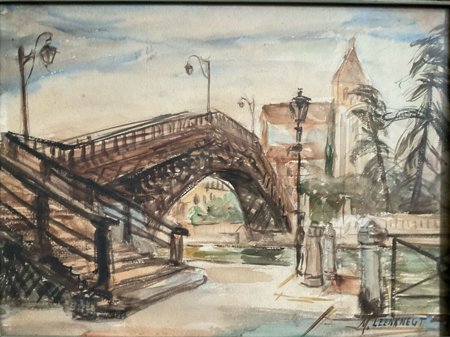 Tableau aquarelle signée avec cadre en bois doré