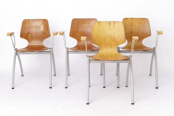 Ensemble de 4 chaises empilables vintage Pagholz, chaises de salle à manger industrielles, allemandes.