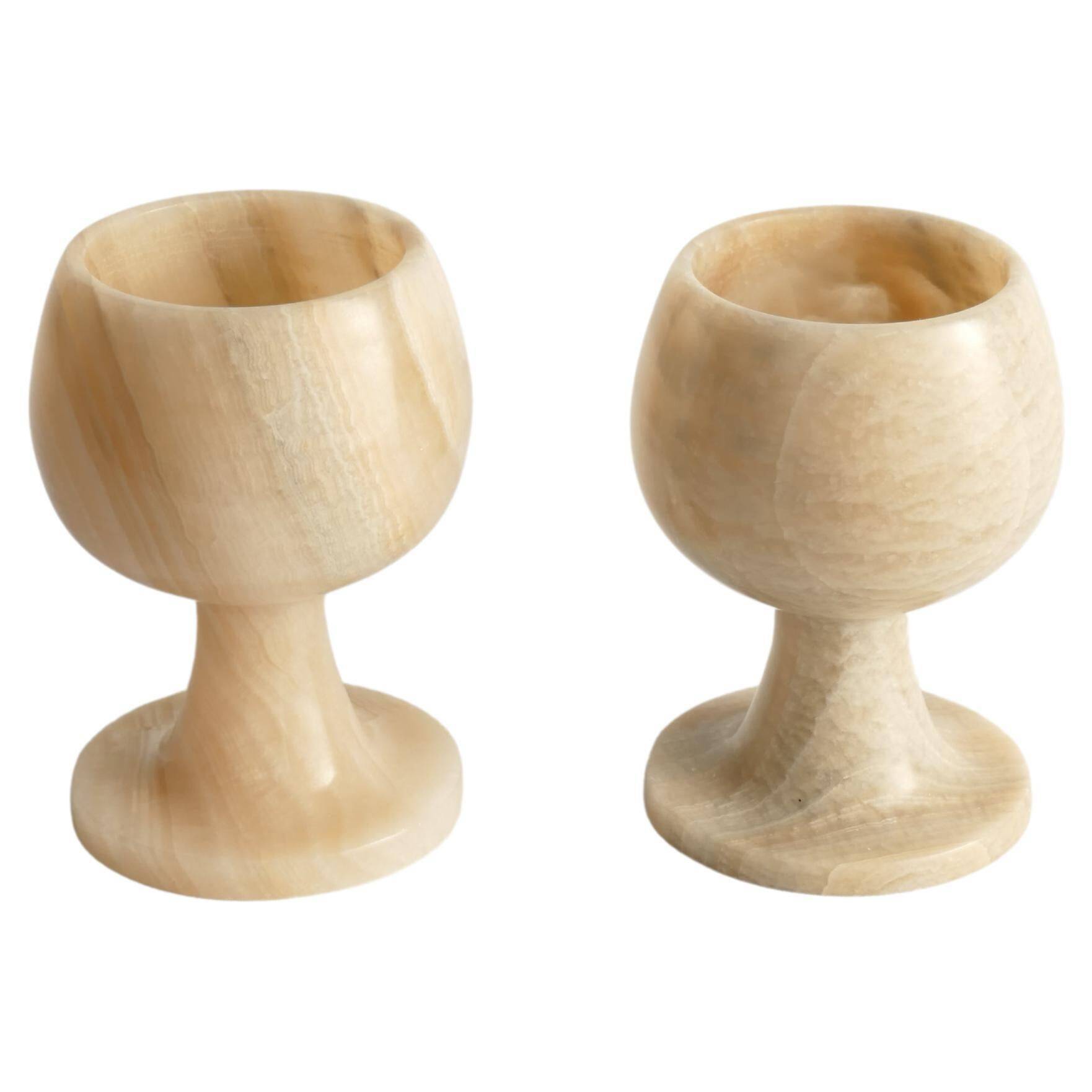 Hand Turned Light Brown Onyx Goblets Candleholders, Set of 2