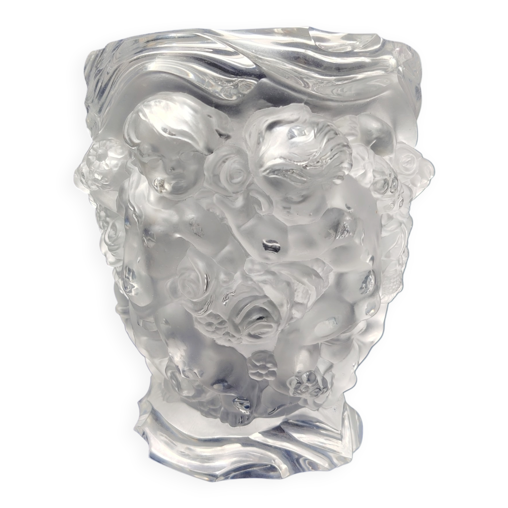 Frosted glass vase, decorated with cherubs and flowers, vintage.
