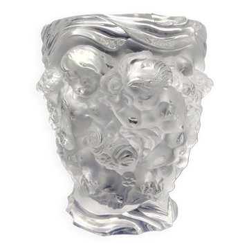 Frosted glass vase, decorated with cherubs and flowers, vintage.