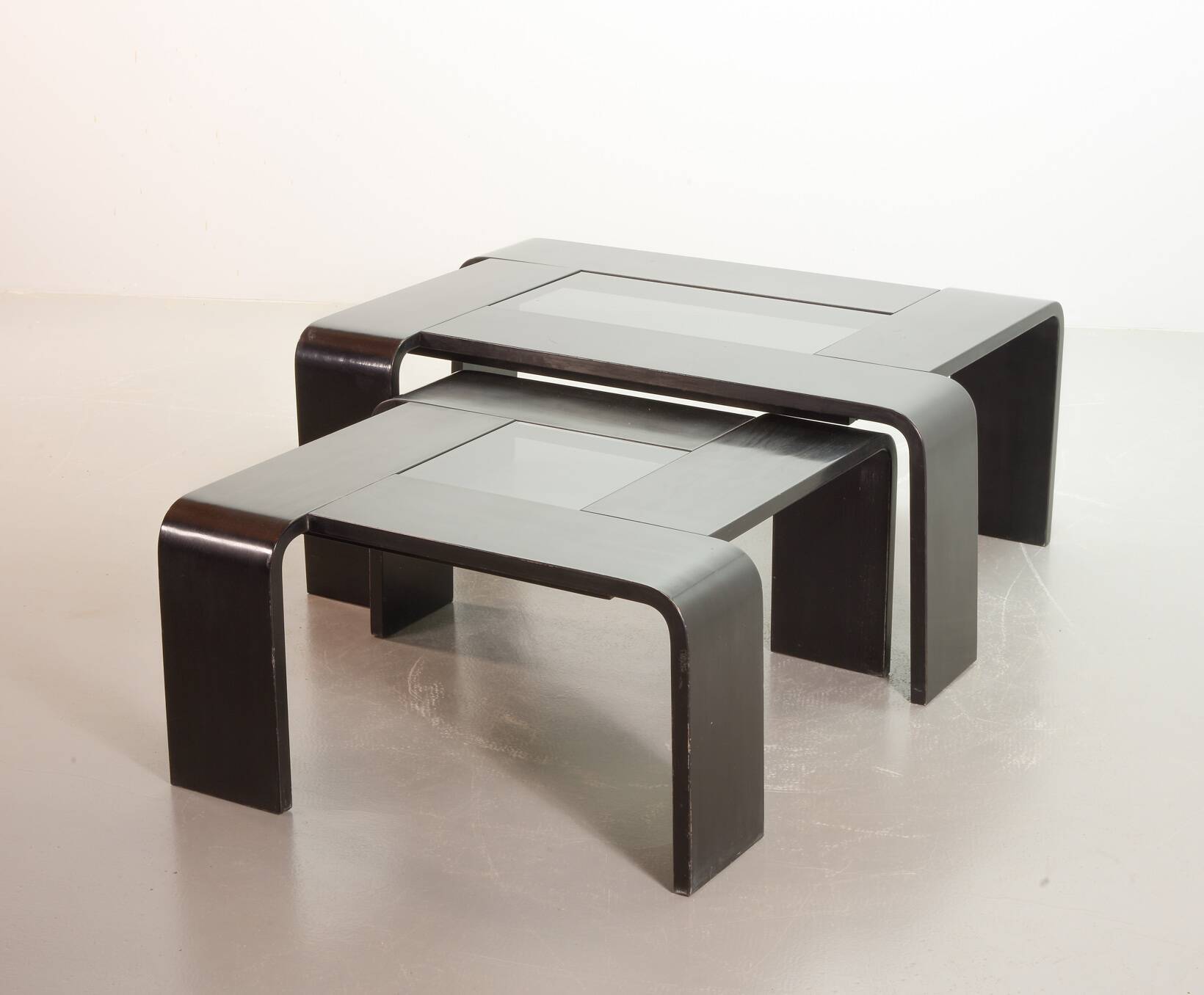 Square Black Lacquered Plywood Coffee Table with Smoked Glass Panel, 1970s