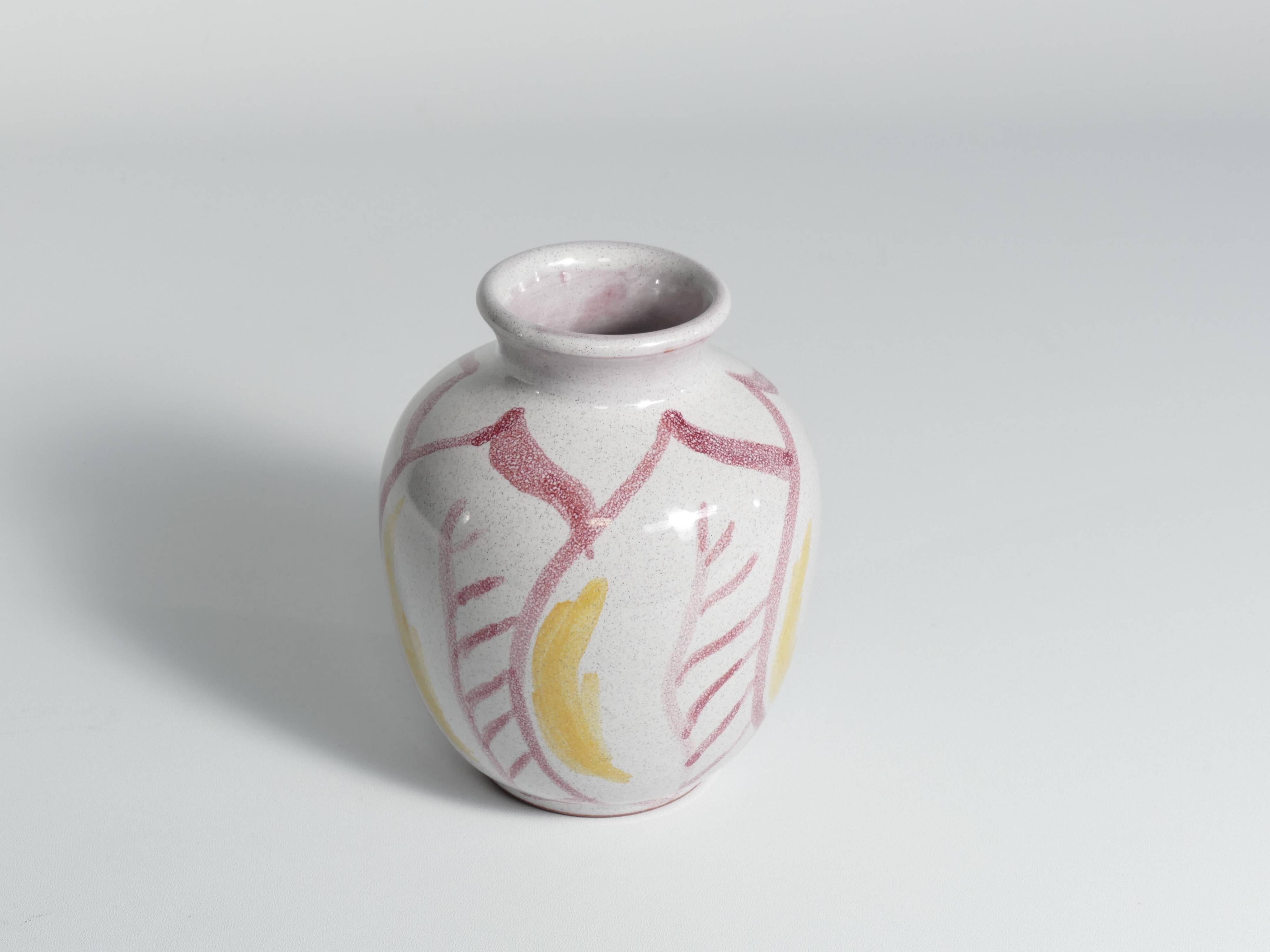 Scandinavian Modern Ceramic Vase with Red & Yellow Leaves, Alingsås Keramik 1947