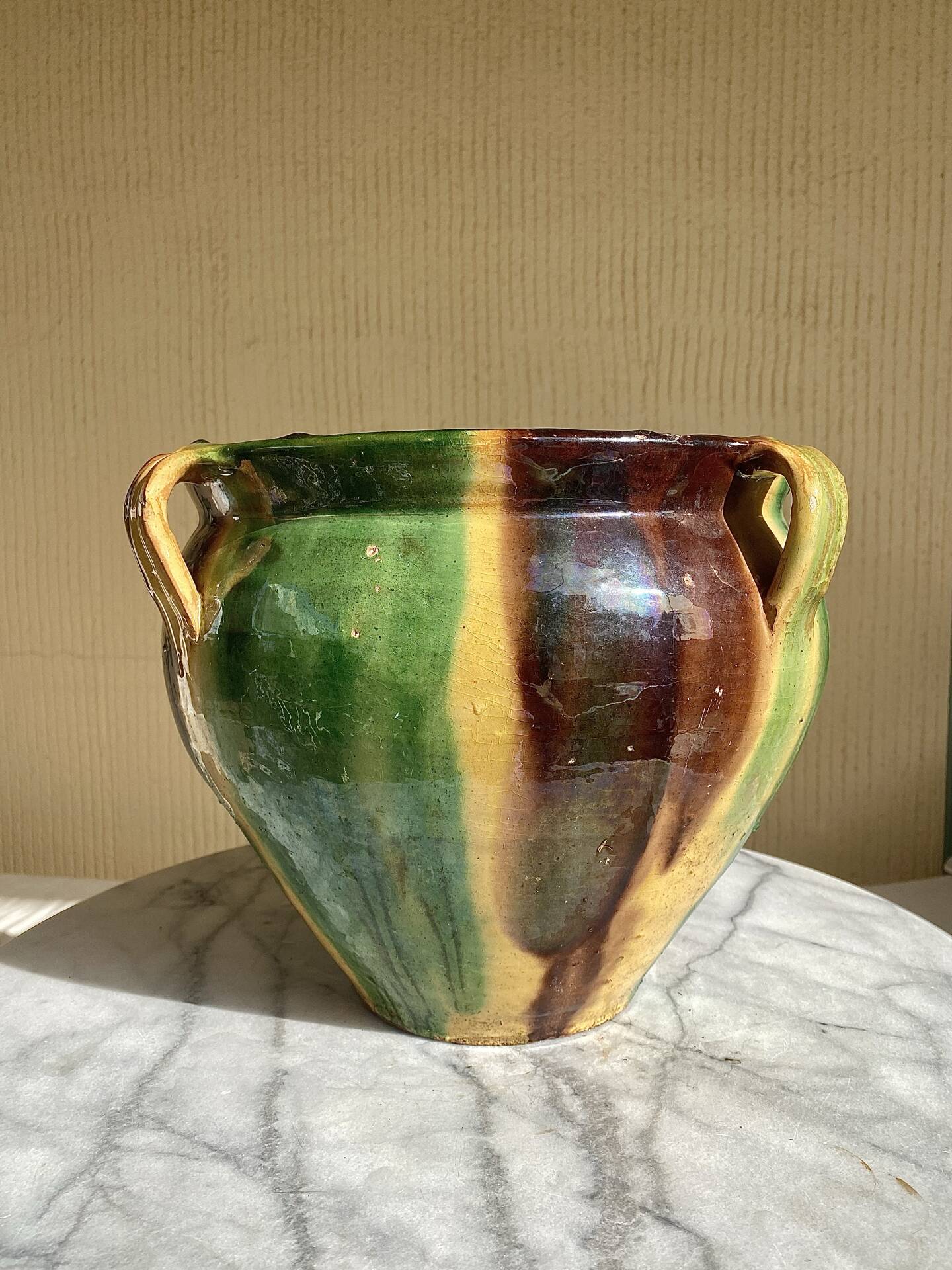 Ancient glazed terracotta pot from the 19th century, south-west France.