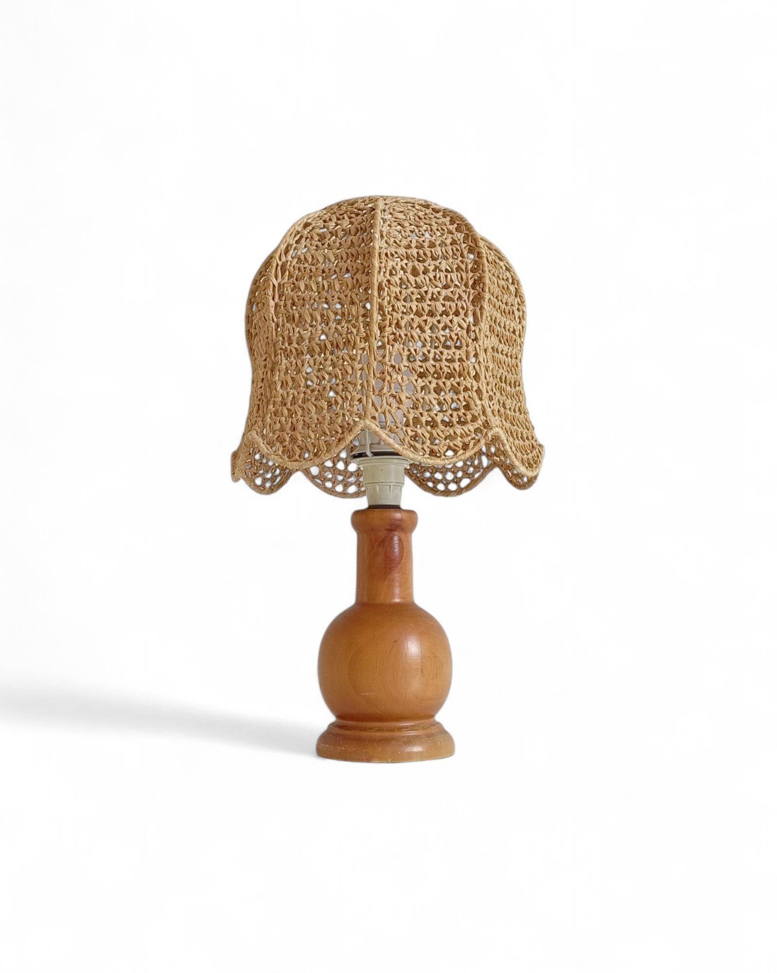 Mid-Century Bohemian Table Lamp, Pine Wood & Raffia, Italy, 1970s