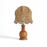 Mid-Century Bohemian Table Lamp, Pine Wood & Raffia, Italy, 1970s