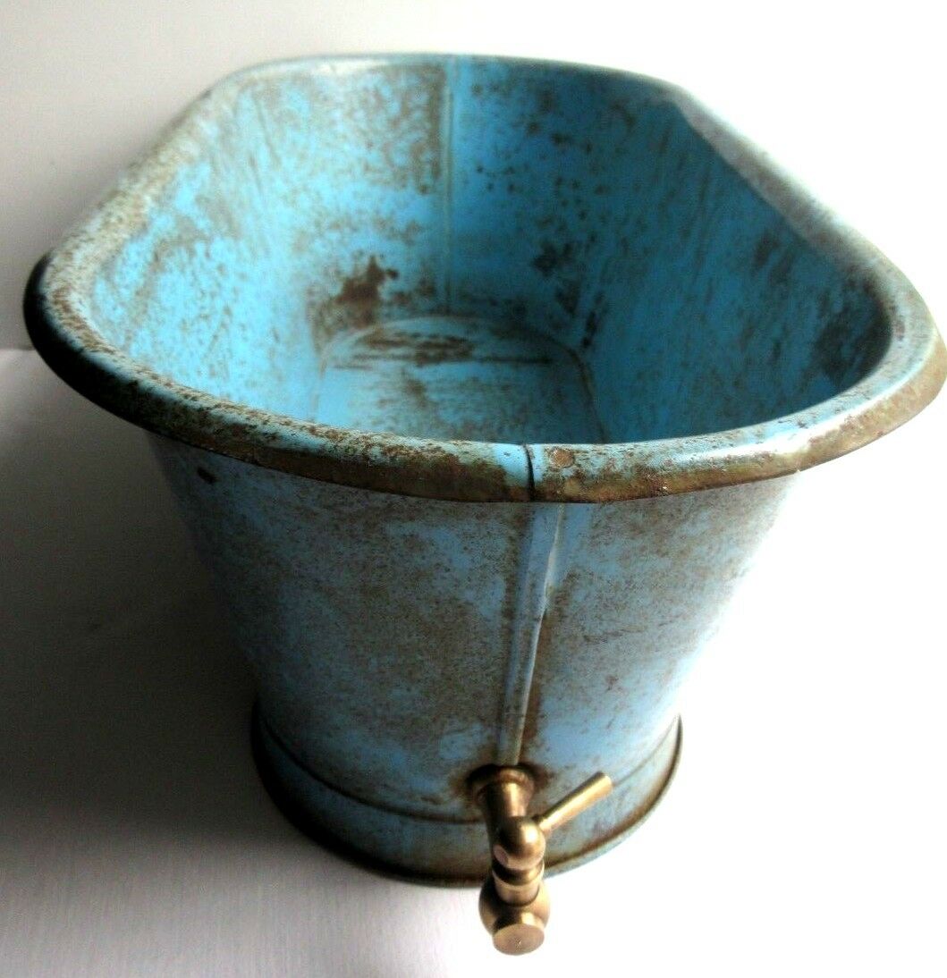 Doll bathtub, blue sheet toy, brass faucet, 1880-1900 era