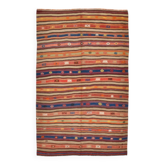 5x8 Red & Orange Striped Vintage Kilim Rug, 143x230Cm
