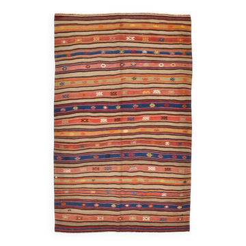 5x8 Red & Orange Striped Vintage Kilim Rug, 143x230Cm