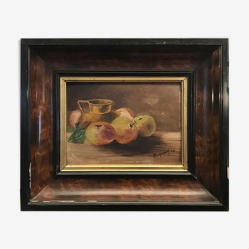 Ancient painting, still life with fruit and jug signed Richard, dated 1939
